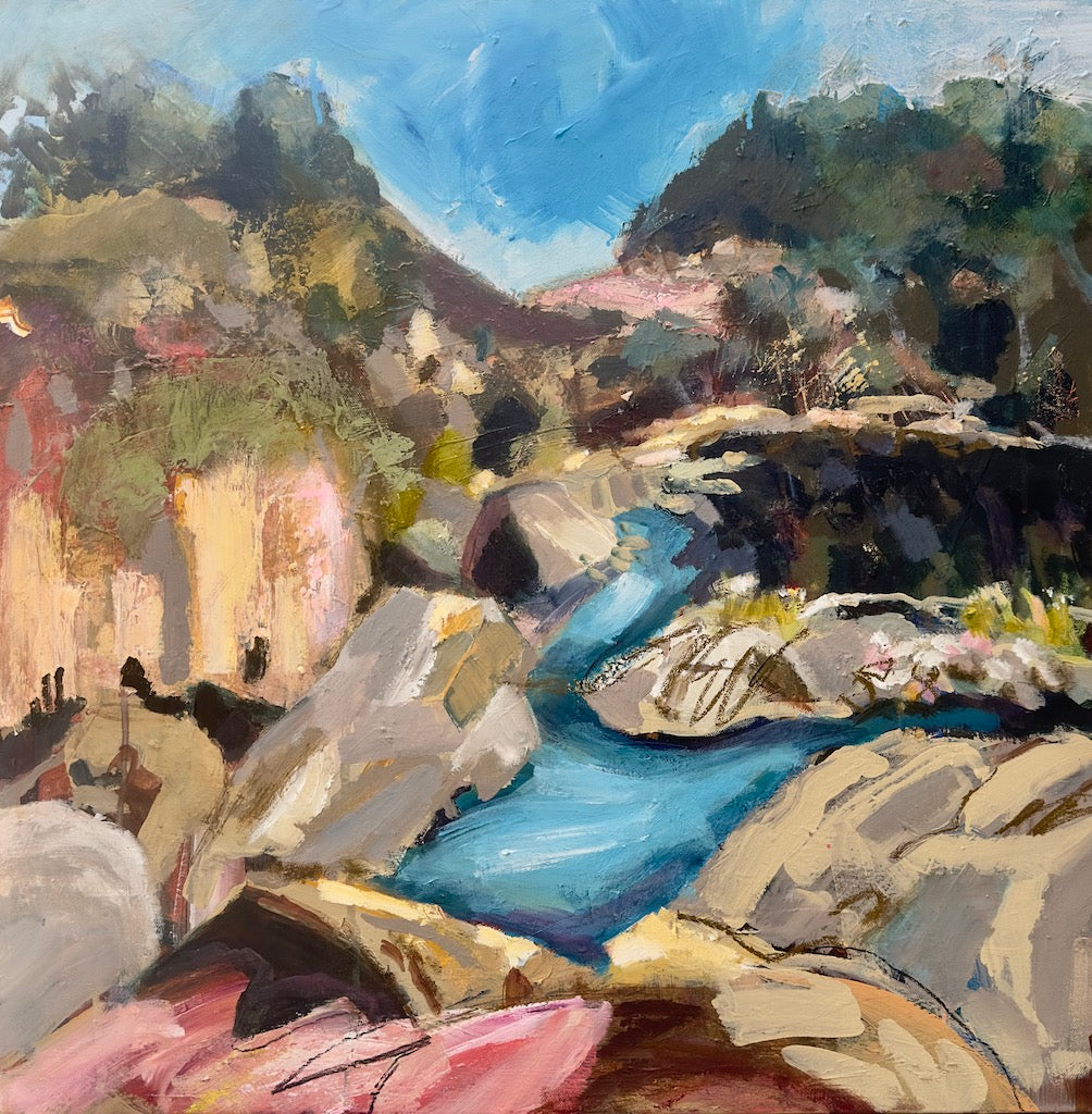 Abstract landscape with a mix of blue, pink, and grey colours.