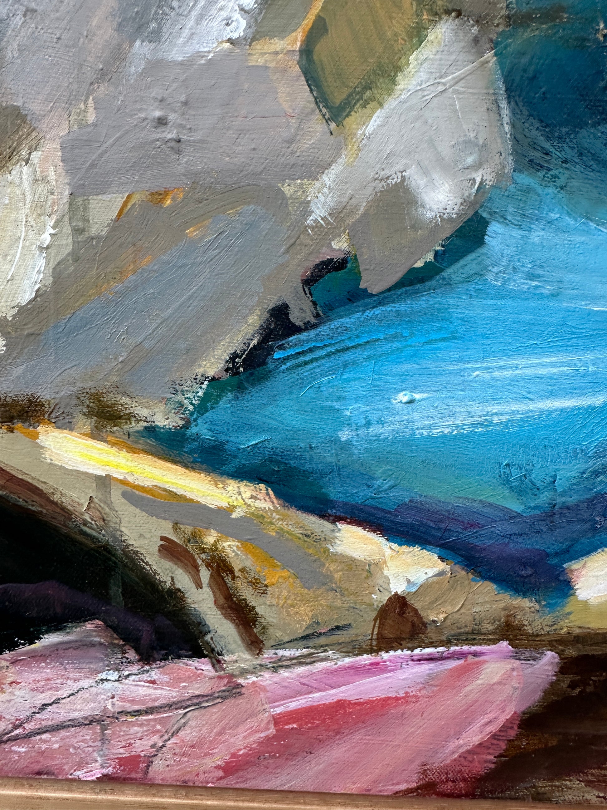 Abstract art with a mix of blue, pink, and gray colors.