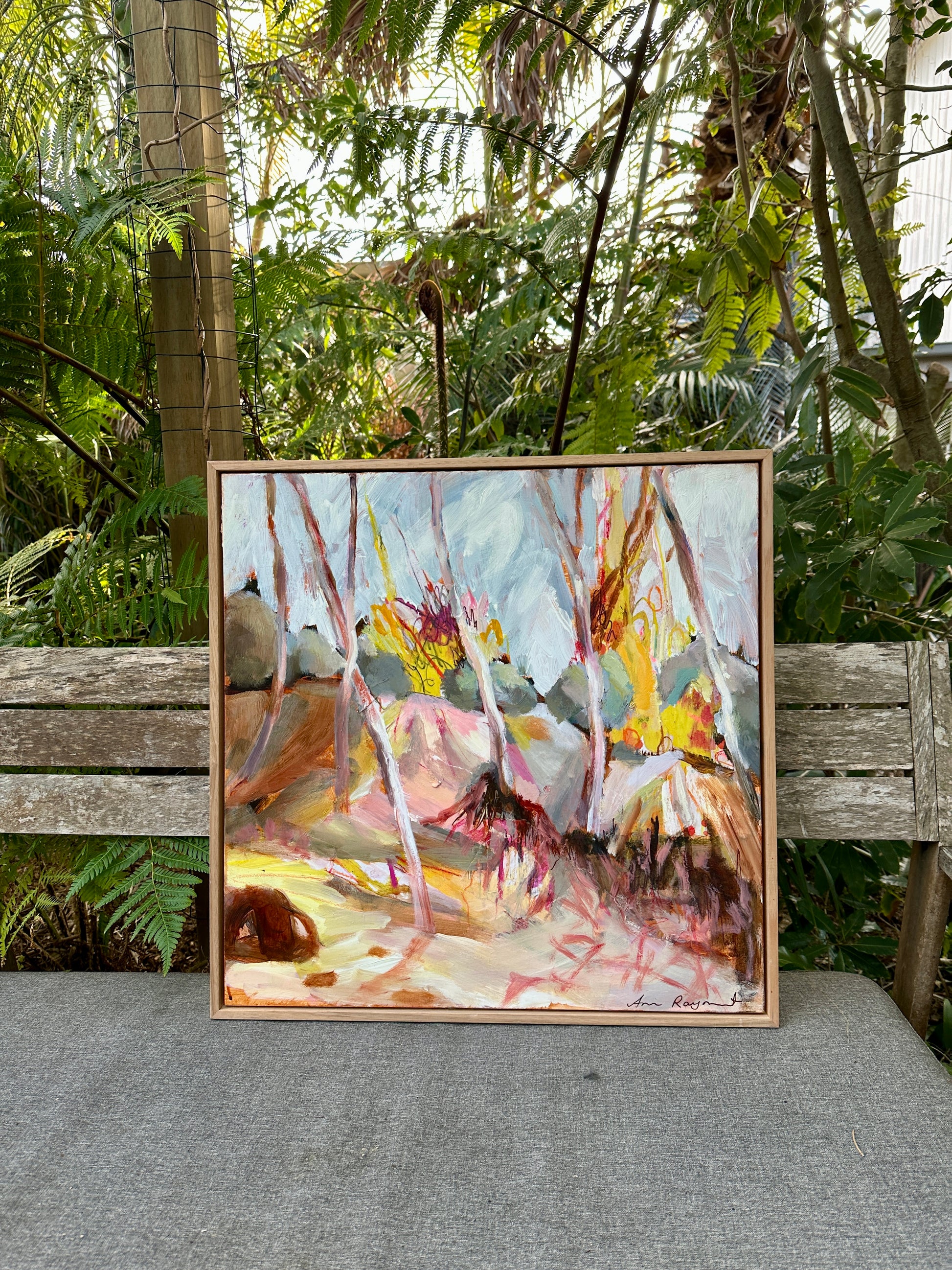 


Abstract landscape painting  of trees on an outdoor seat with tropical background.