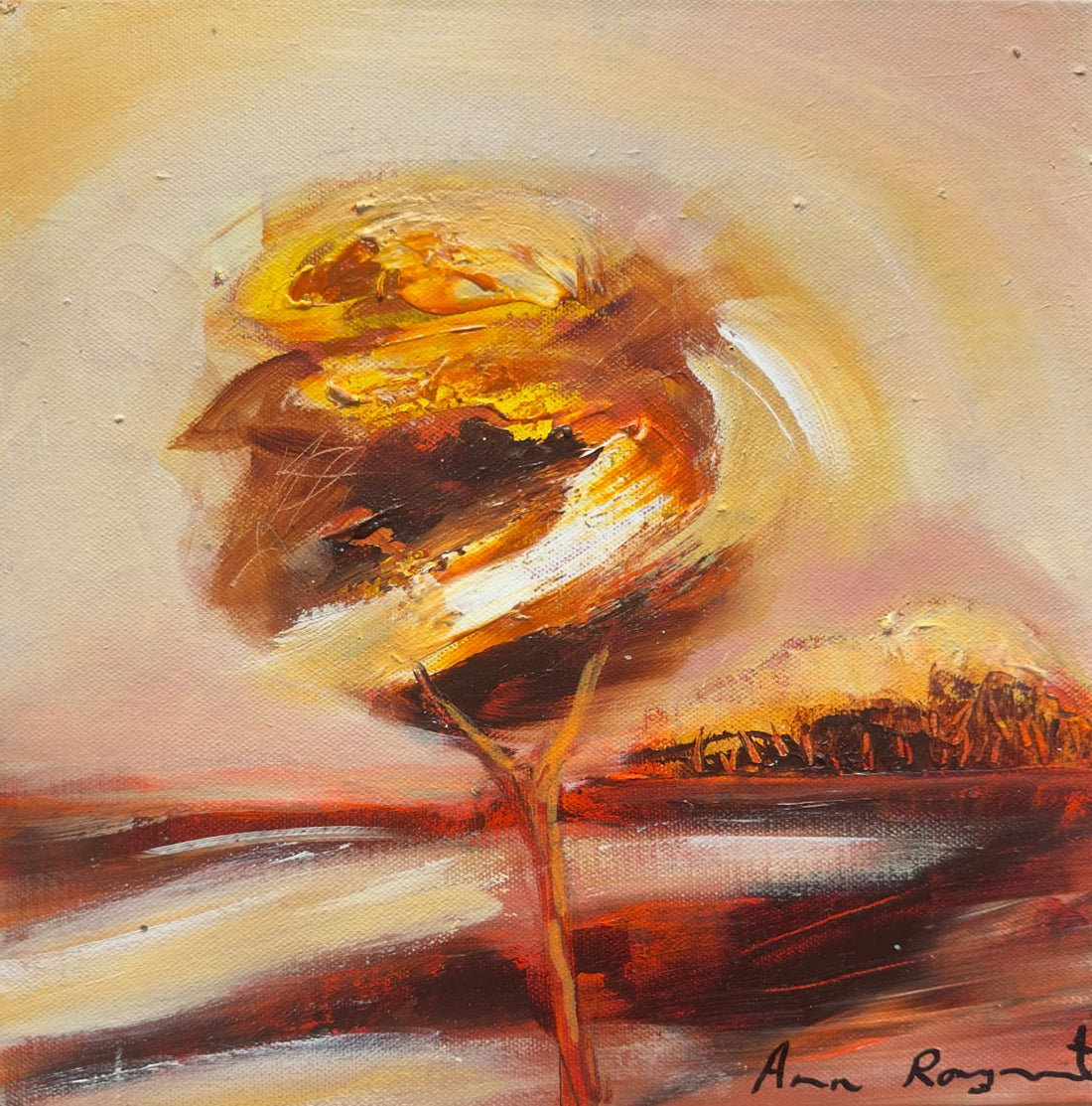 Abstract painting with warm colors and brush strokes