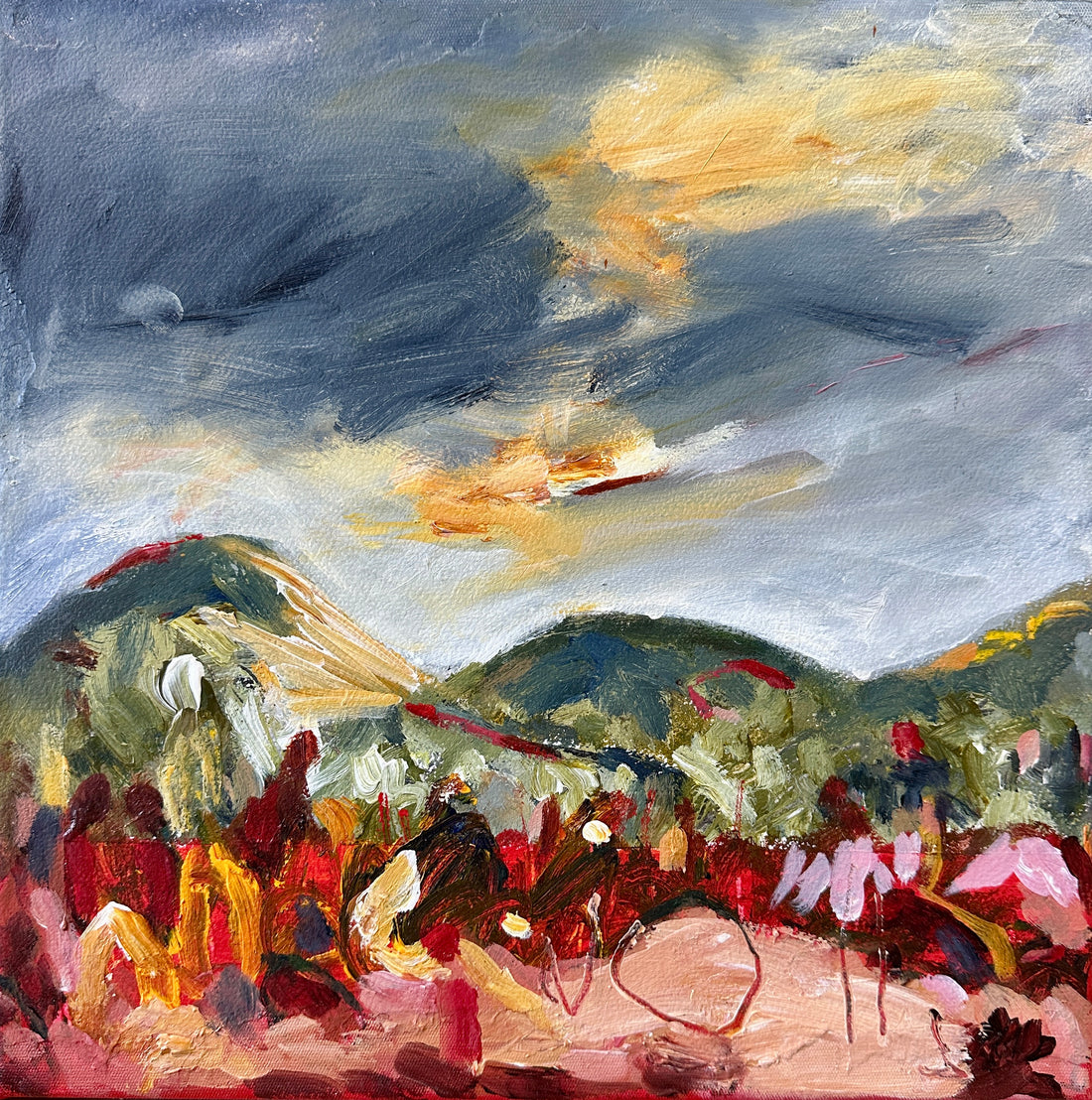 


Abstract painting of a landscape with people and animals, featuring a mix of colors and brushstrokes
