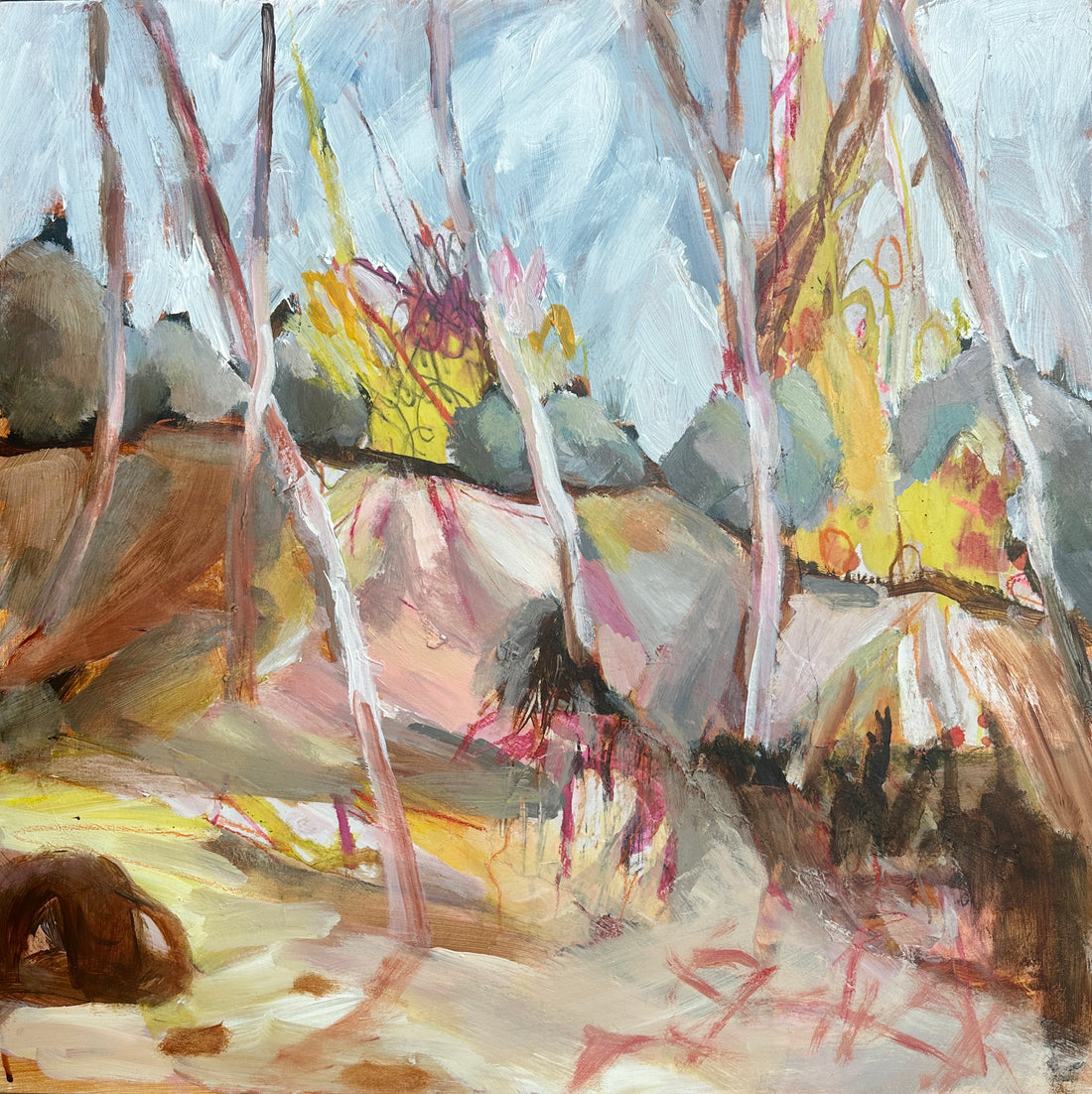 Pastel neutral background with pops of yellow and pink scribbles.