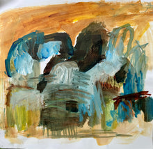 Abstract painting with brown, blue, and green colors on a white background