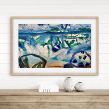 Framed abstract painting on a wall above a wooden shelf with decorative items.