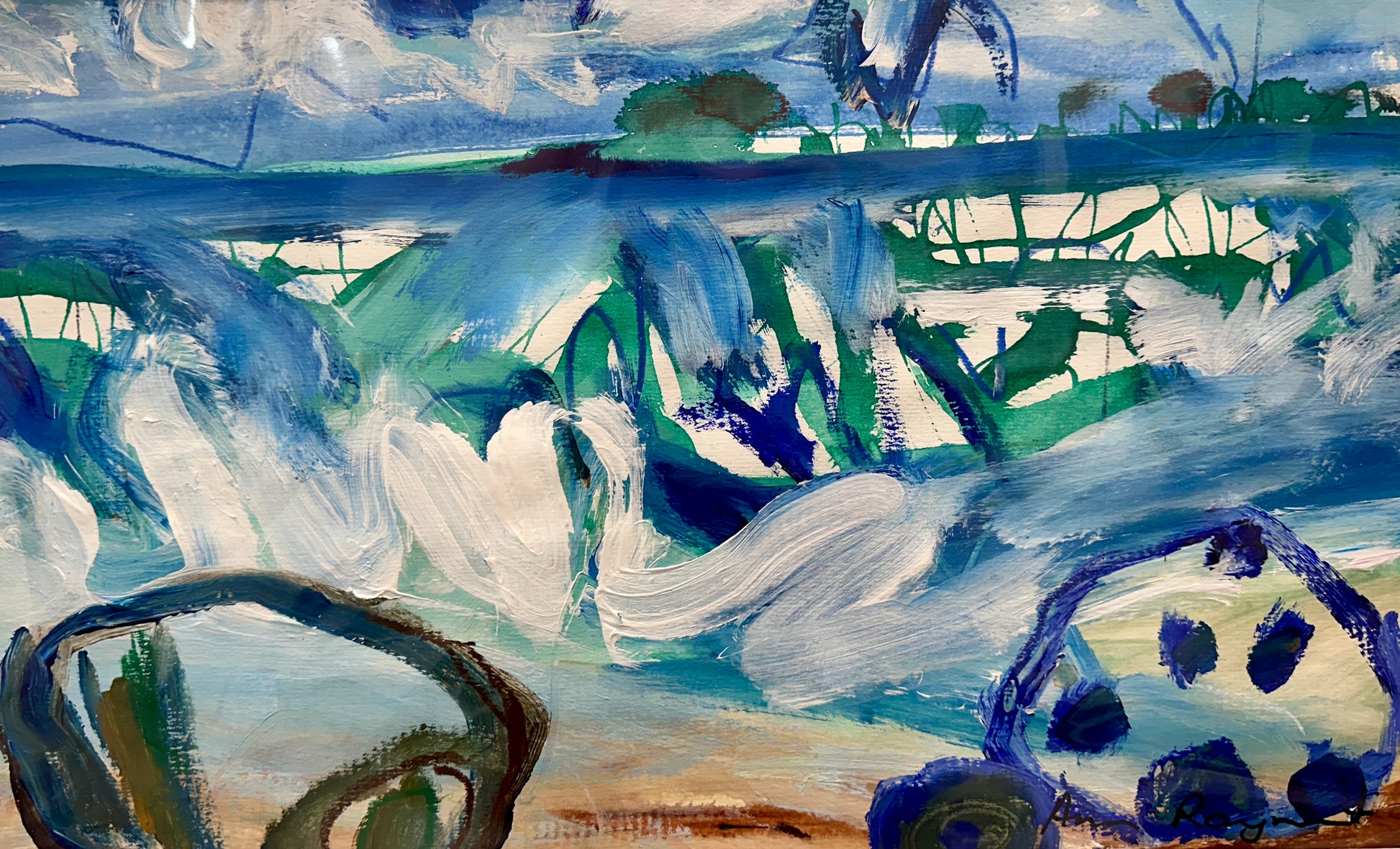 Abstract painting with blue, green, and white colors