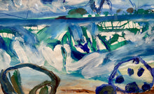 Abstract painting with blue, green, and white colors