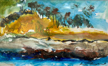 Abstract landscape painting with trees, sky, and water.