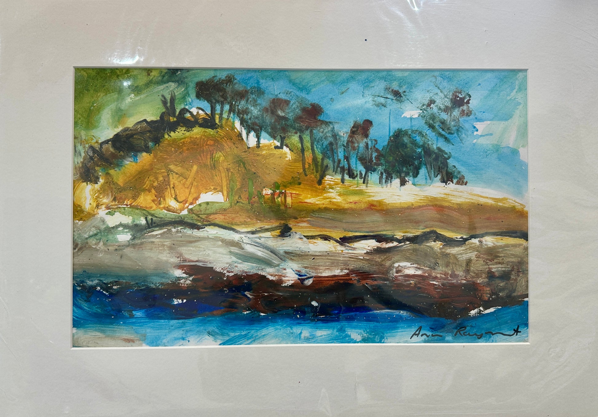 Artistic depiction of a coastal scene with trees and water.