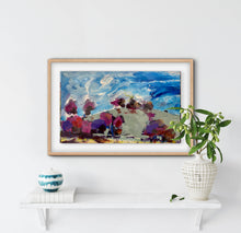 Framed abstract painting on a white wall with decorative vases and a plant below.