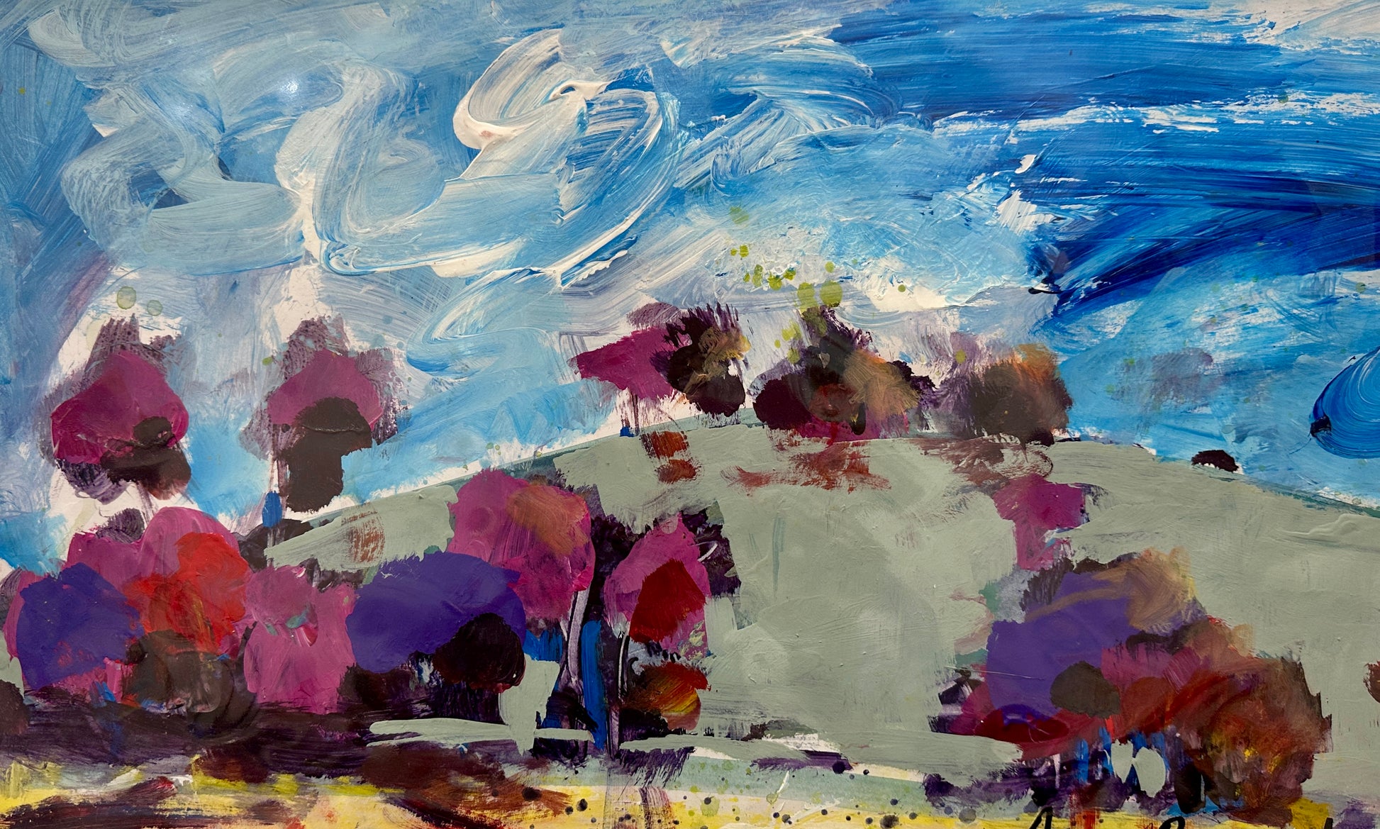 Abstract painting with colorful trees and blue sky