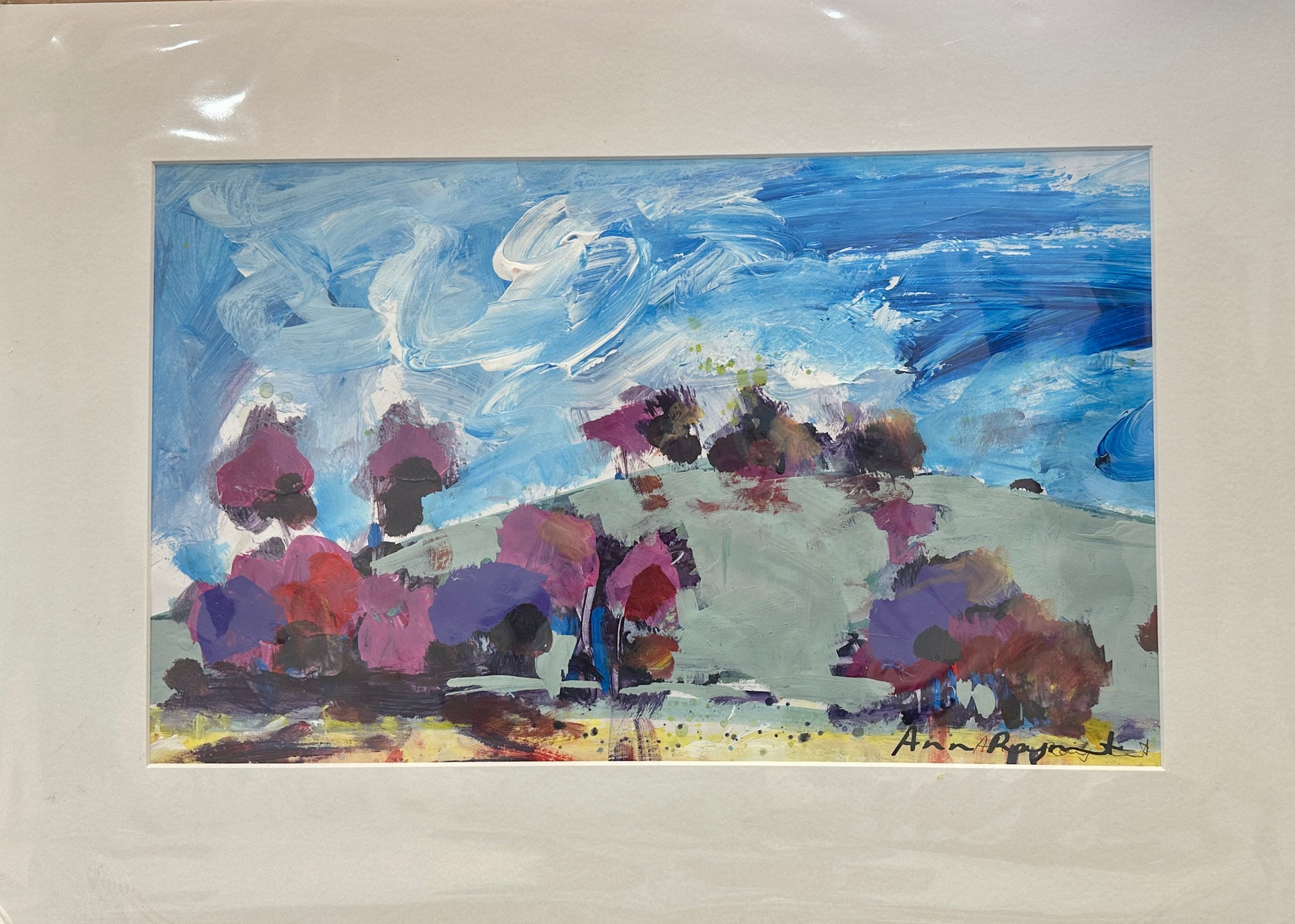 Abstract painting with colorful flowers and a blue sky.