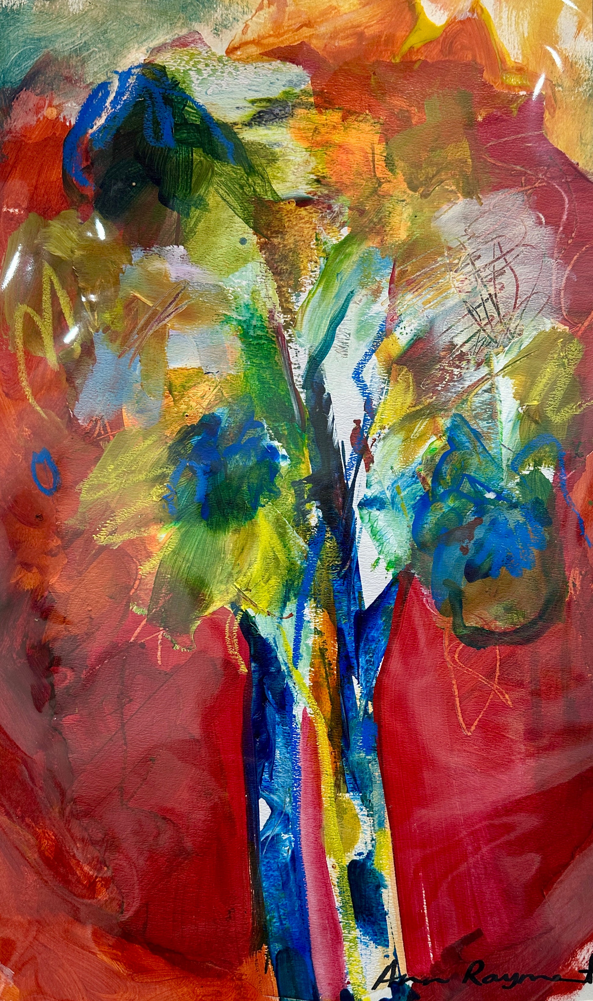 Abstract artwork with vibrant colors and dynamic shapes