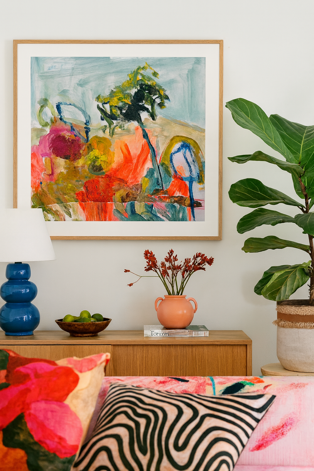 Decorative room interior with a colorful abstract painting, potted plant, and floral arrangement.
