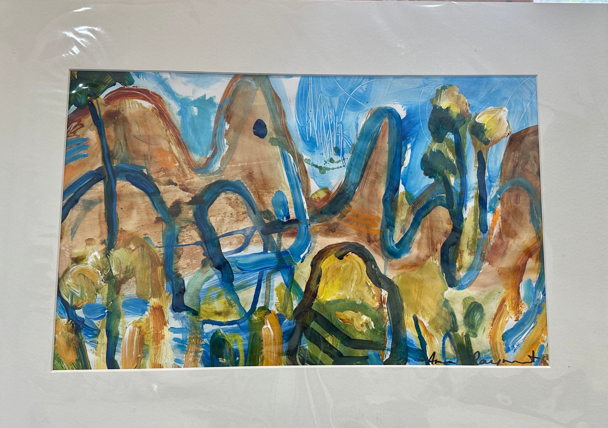 Abstract painting with earthy tones and blue accents on a white background