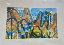 Abstract painting with earthy tones and blue accents on a white background