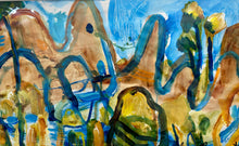 Abstract artwork with blue, brown, and green colors