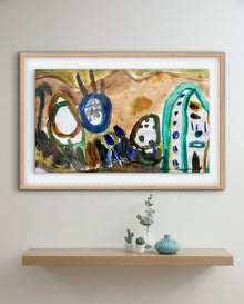 Abstract painting in a wooden frame on a wall above a shelf with decorative items.