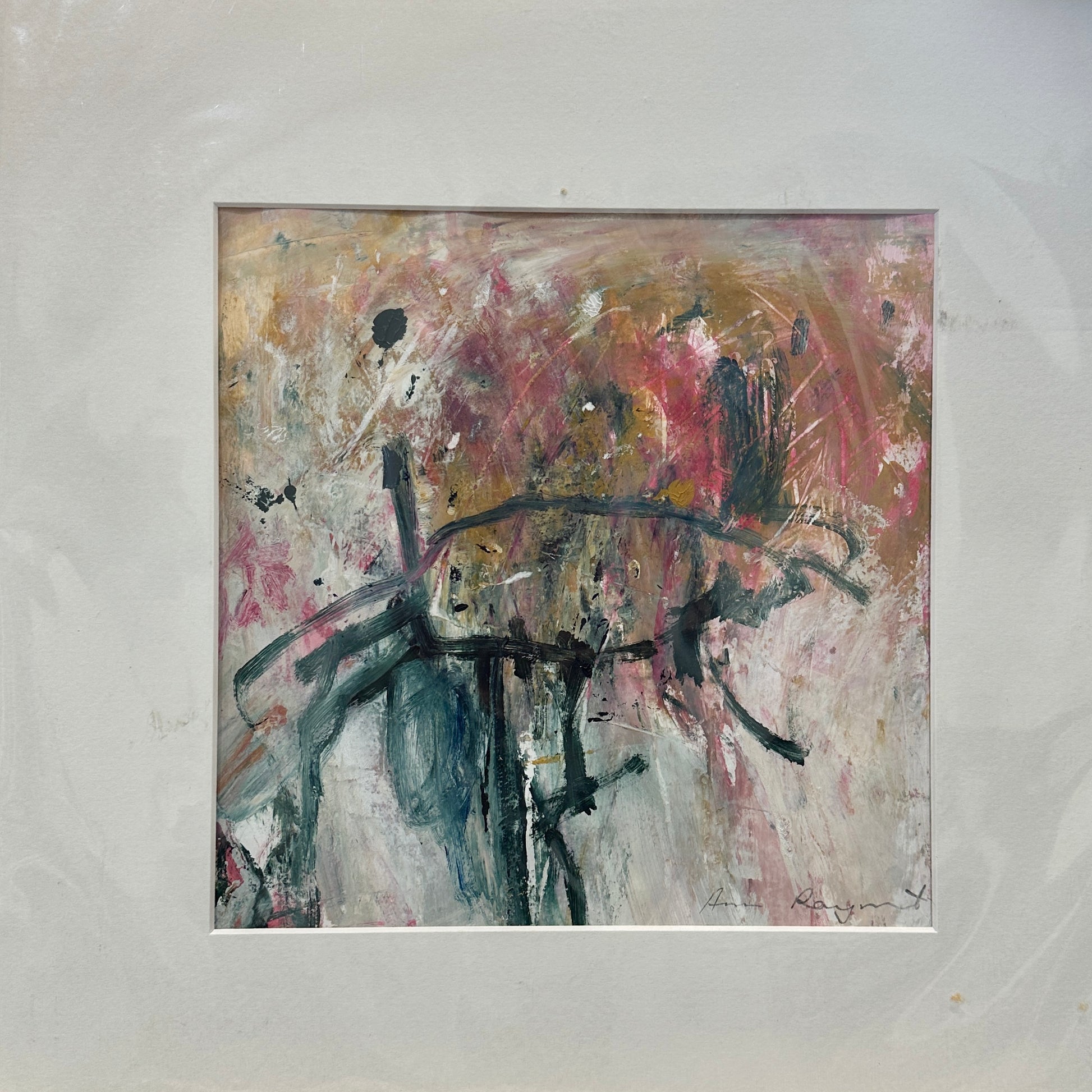 Abstract painting with earthy tones on a light gray background