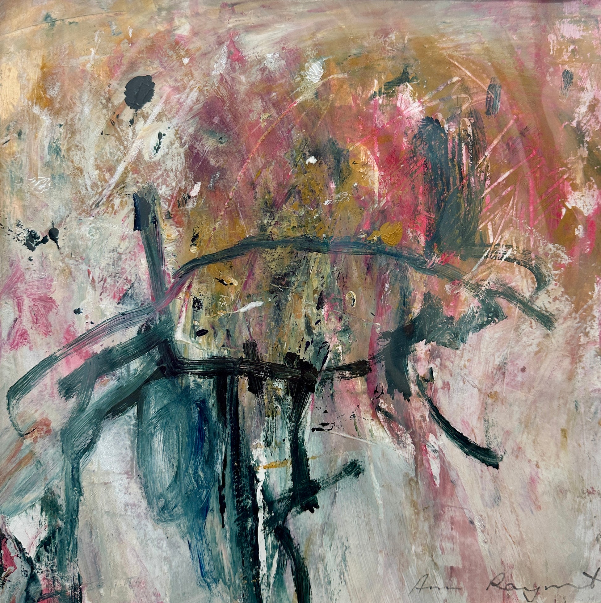 Abstract painting with bold strokes of red, black, and gray on a textured background