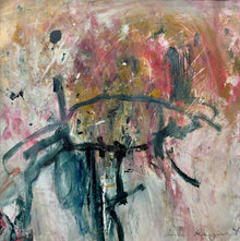 Abstract painting with bold strokes of red, black, and gray on a textured background