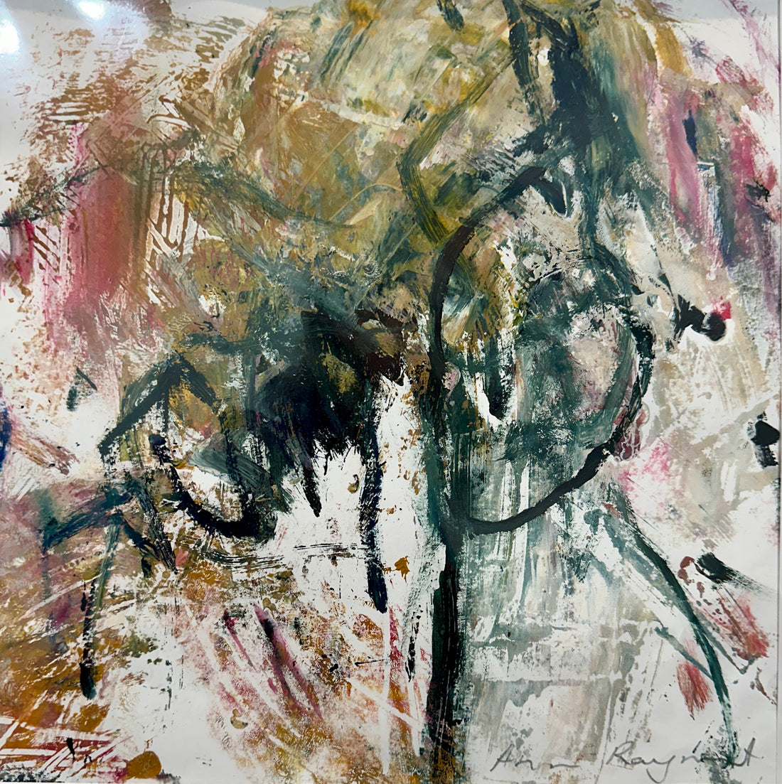 Abstract painting with expressive brushstrokes in black, brown, and red on a textured surface.
