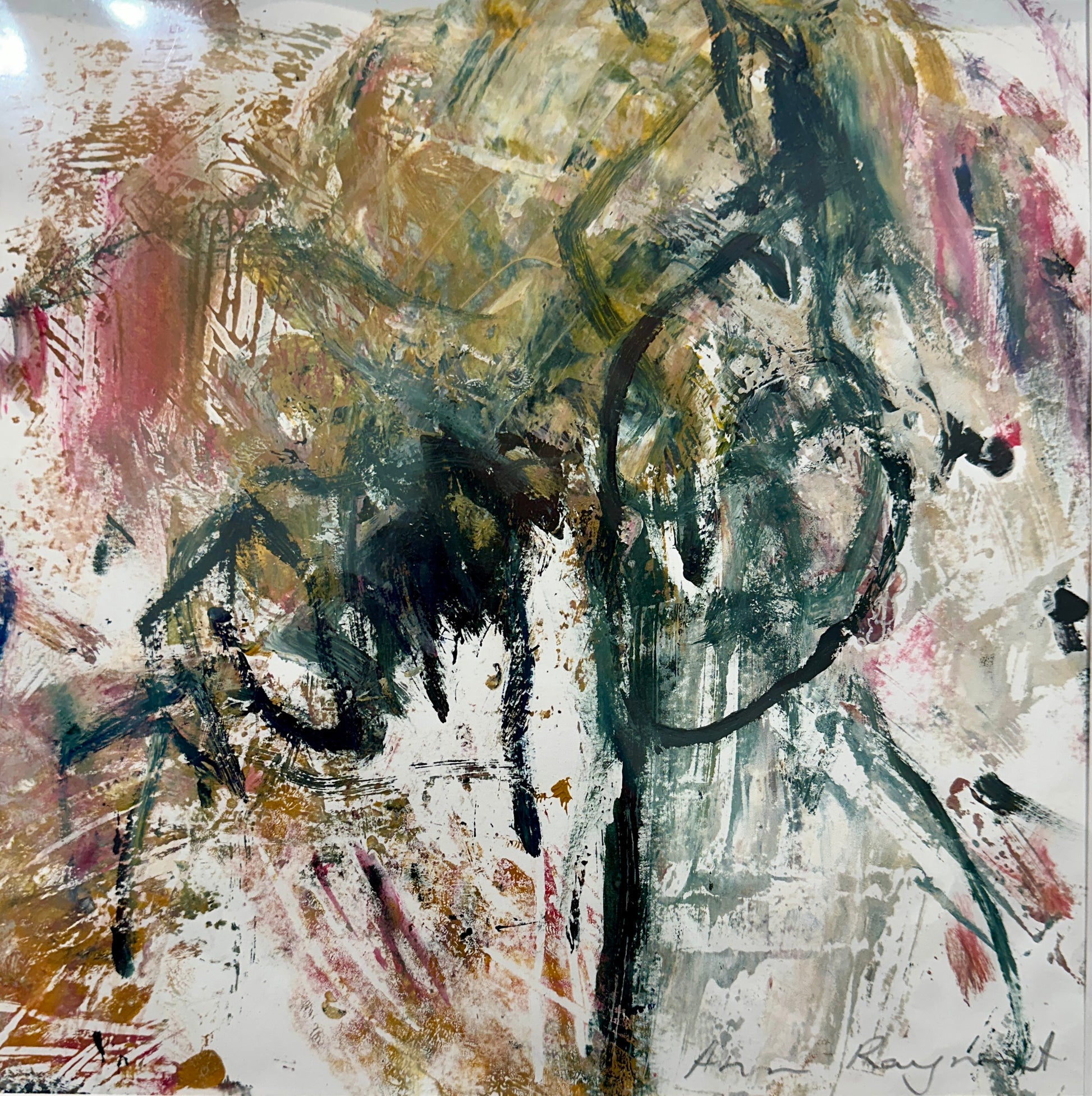 Abstract painting with expressive brushstrokes in black, brown, and red on a textured surface.