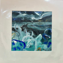 Abstract painting with swirling blue and white patterns on a light background