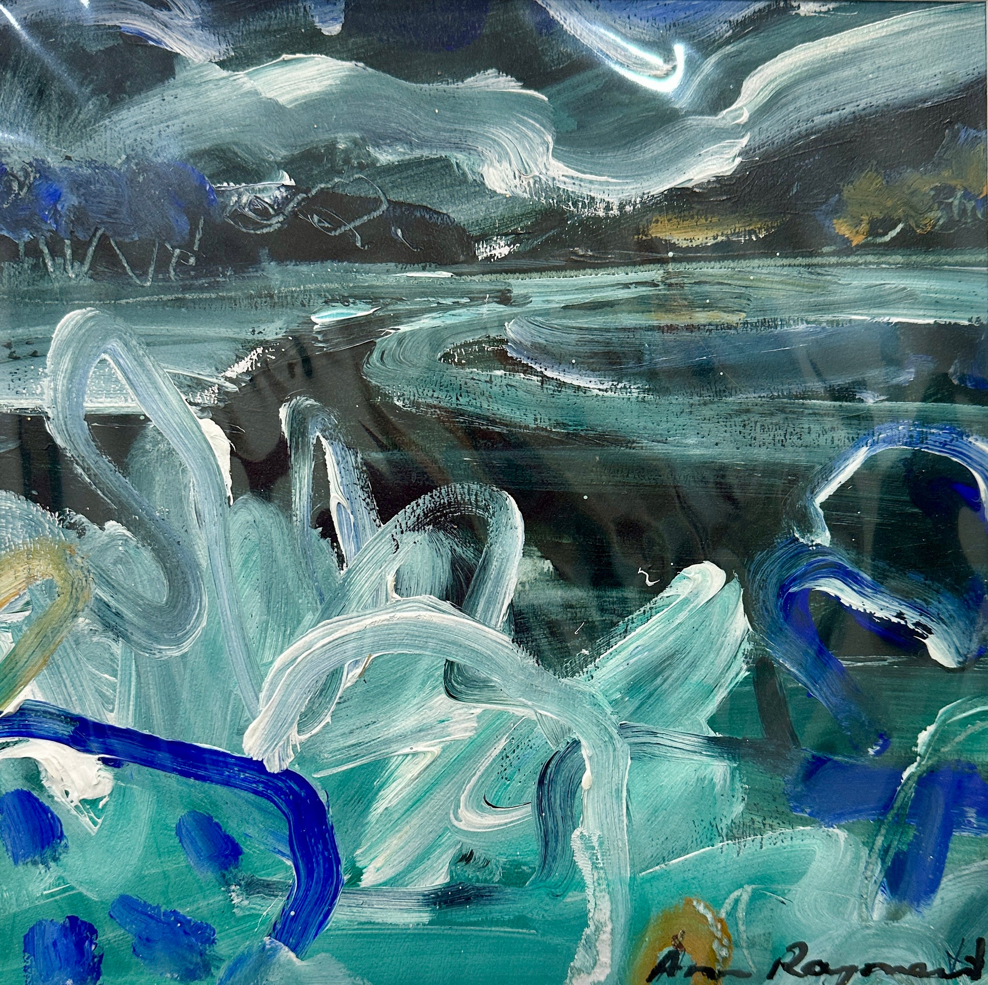 Abstract painting with blue, white, and gray brush strokes