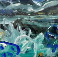 Abstract painting with blue, white, and gray brush strokes