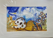 Abstract painting of an ocean with blue, white, and brown colors on a white background