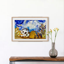 Framed abstract painting on a wall above a wooden console table with a vase.