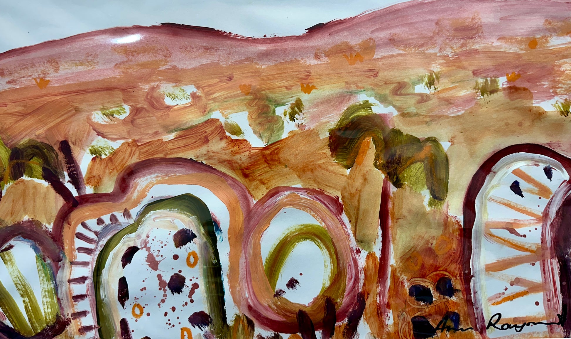 Abstract art piece with earthy pink tones and patterns with trees and rocks.