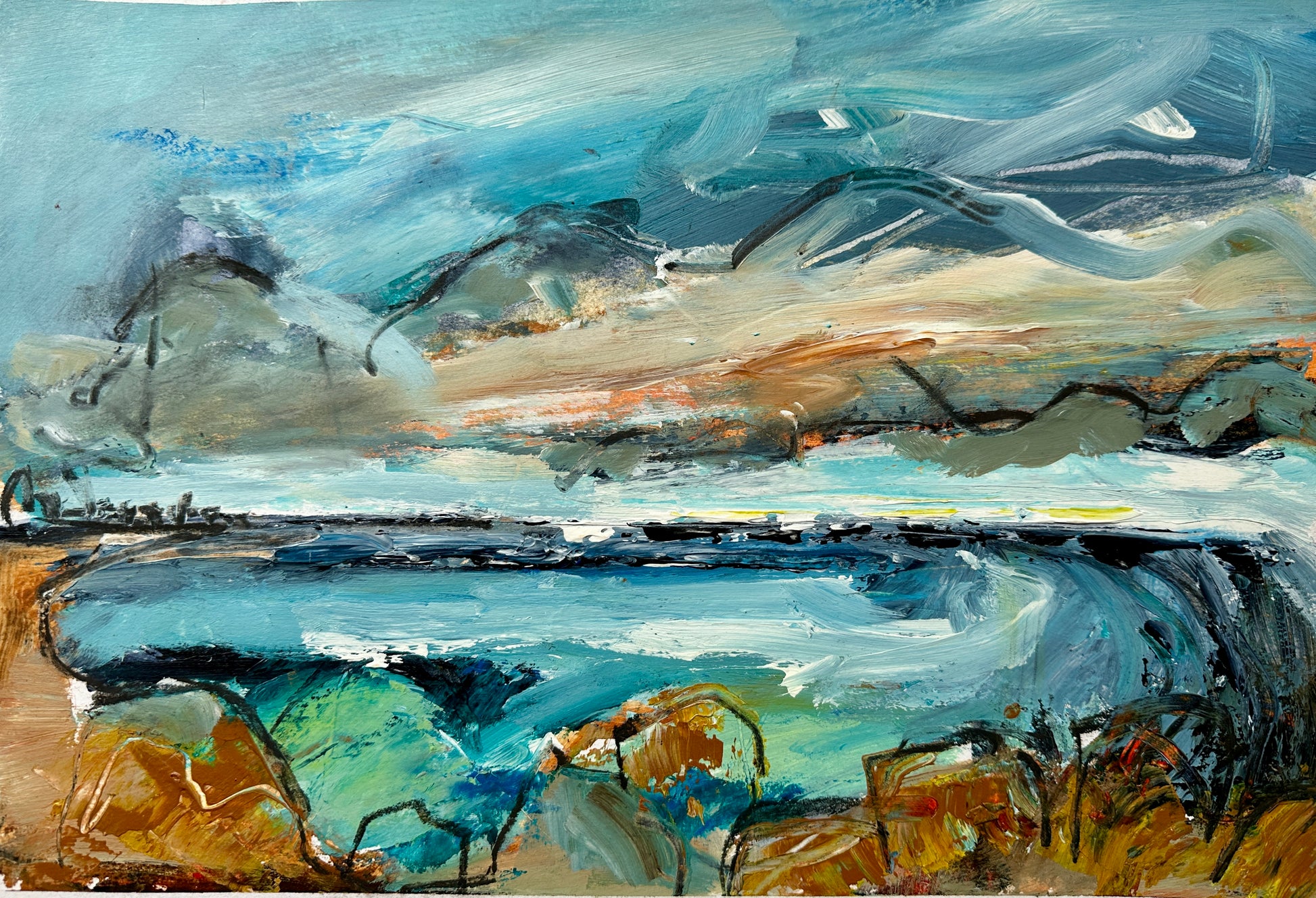 Abstract landscape painting with earthy tones and a body of water.