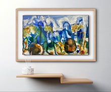 Framed abstract blue and earthy coloured painting on a wall above a wooden shelf.