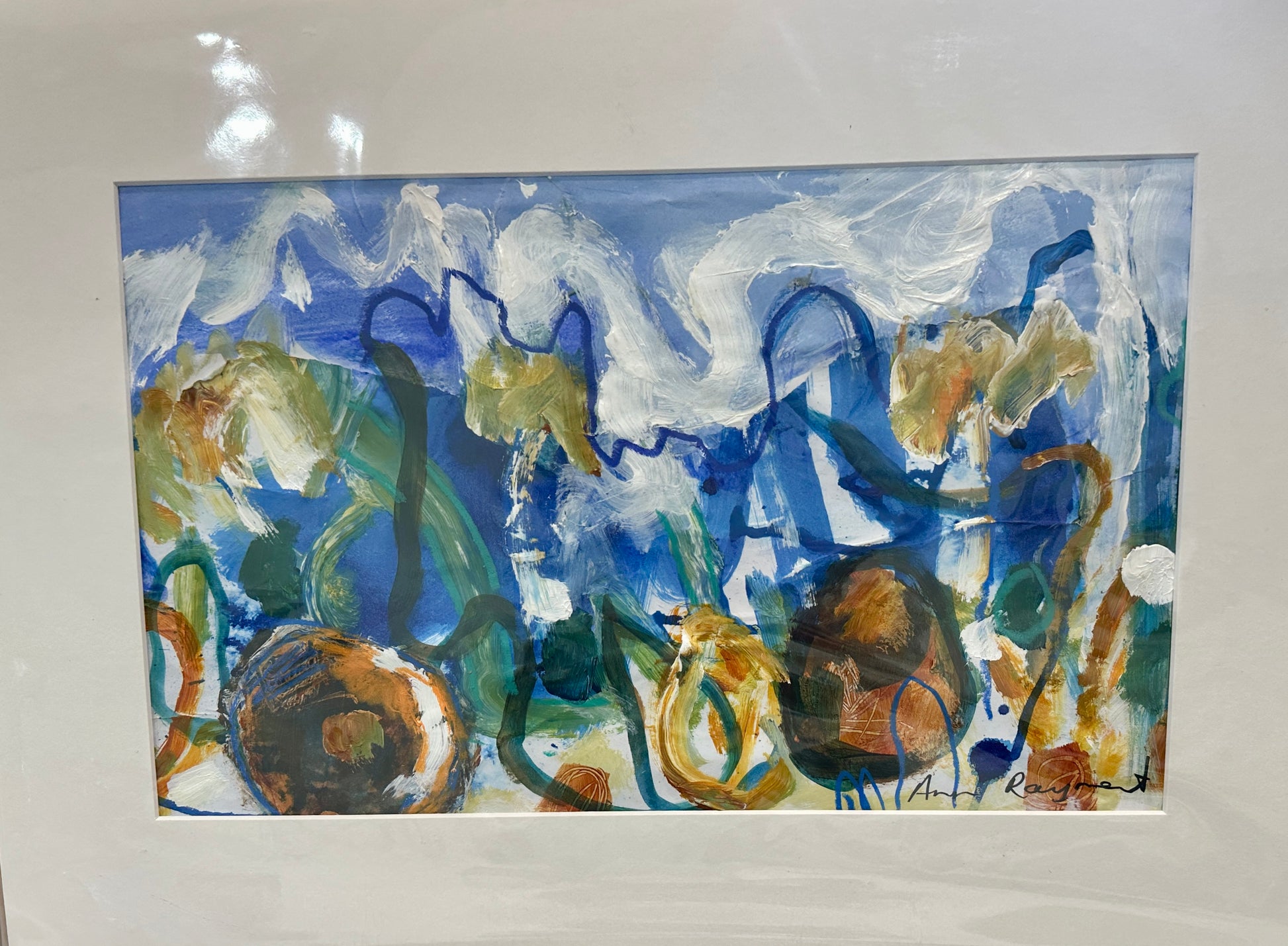 Abstract painting with wavy lines and shapes on a white background