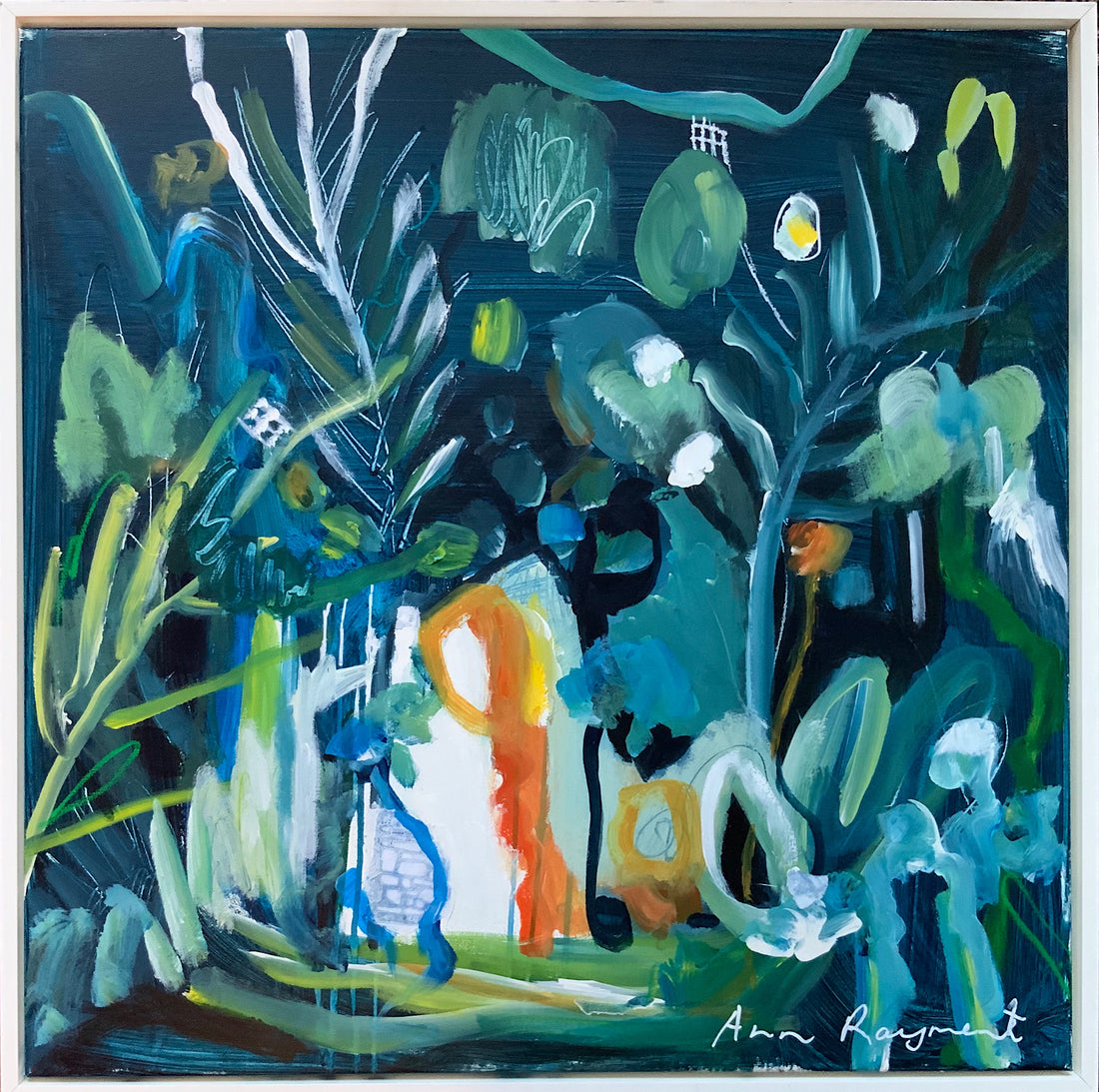 A blue and green tropical landscape with orange abstract shape