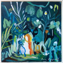 A blue and green tropical landscape with orange abstract shape