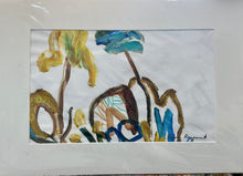 Abstract artwork with colorful trees on a white back background.