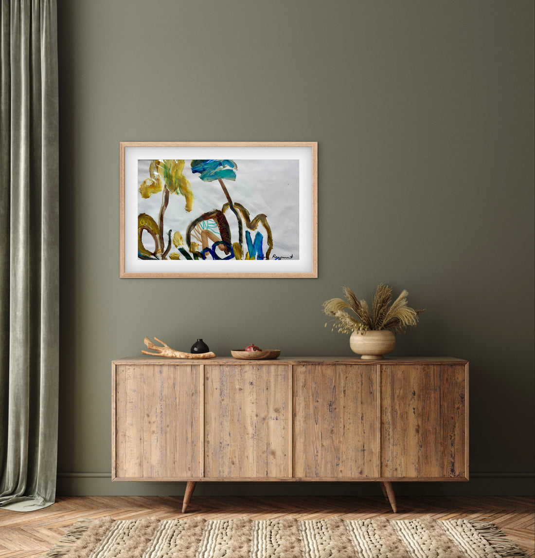 Wooden sideboard against a gray wall with a framed abstract painting of colourful trees above it.