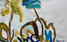 Abstract painting with colourful trees on a white background