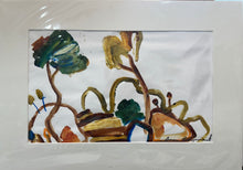 Abstract artwork with colorful plant-like shapes on a white background