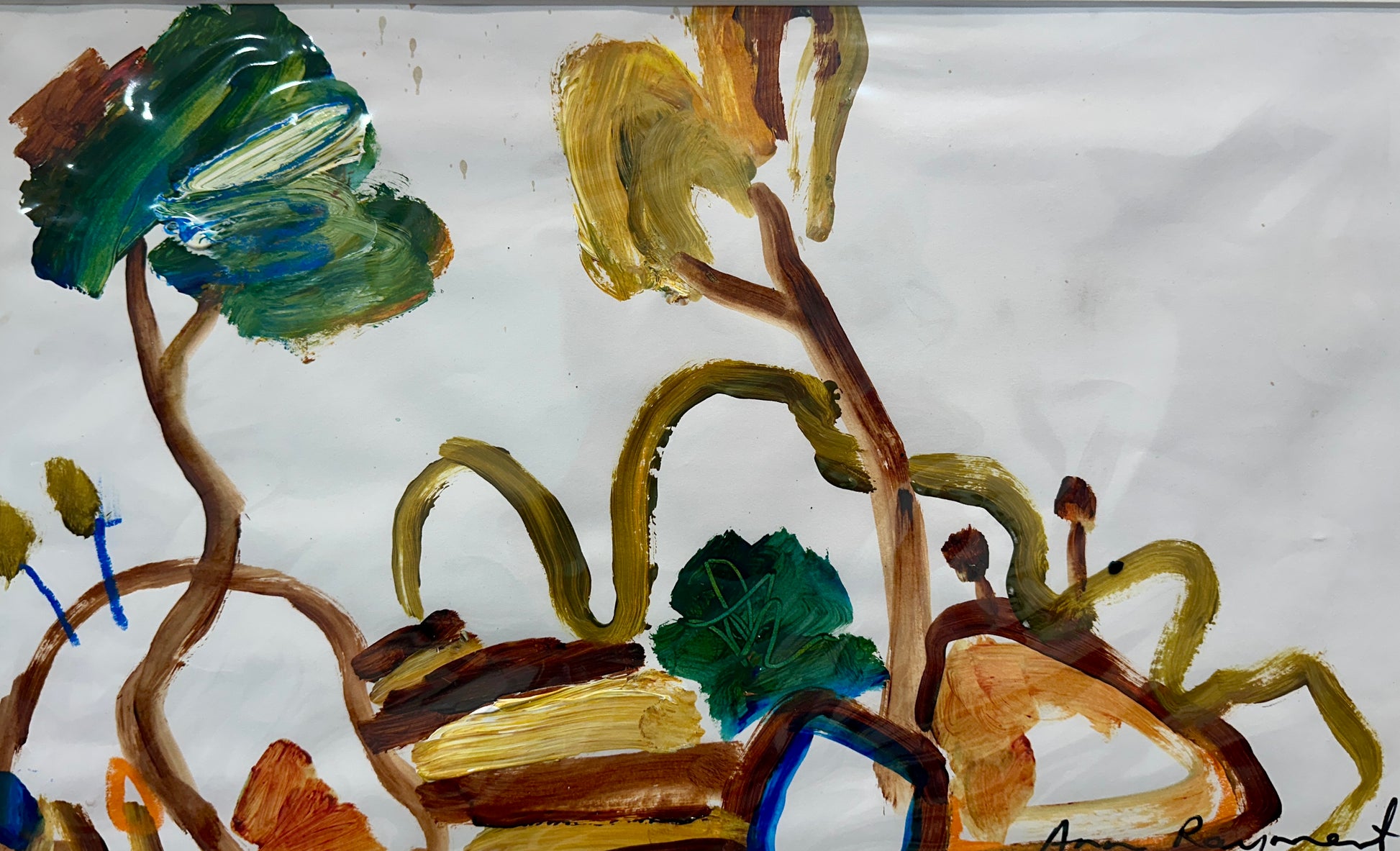 Colourful trees with abstract circular marks in front.