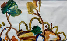 Colourful trees with abstract circular marks in front.