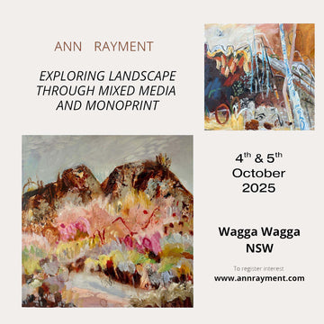 Art workshop flyer for Ann Rayment's  mixed media landscape workshop.